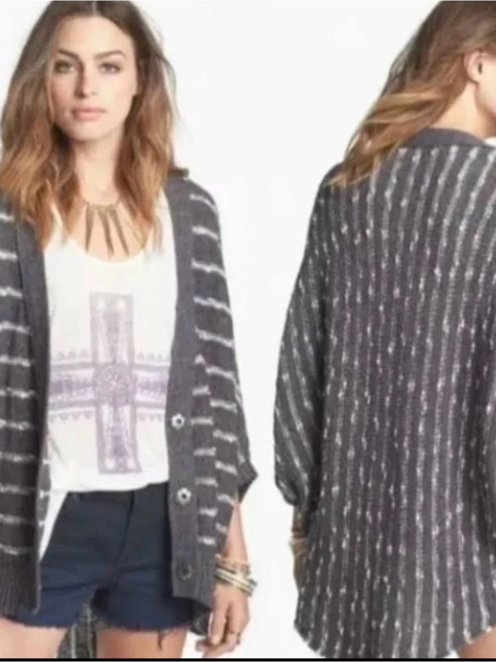 Free People Charcoal and White Striped Open-Front Cardigan